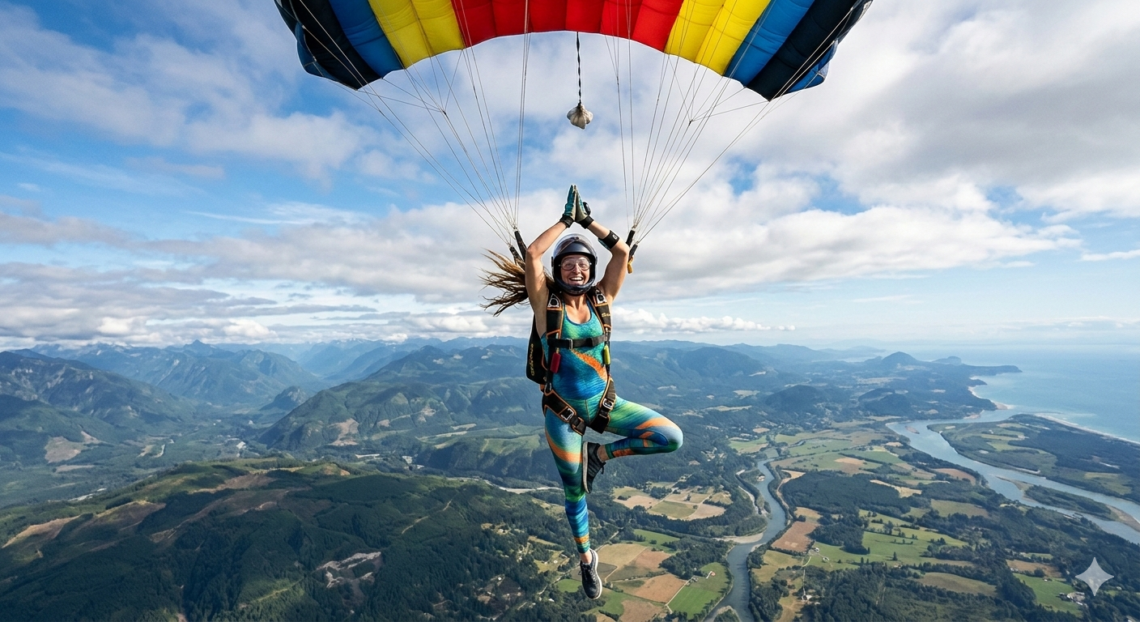 woman parachuting in a yoga pose