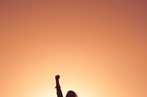 Woman with her hand in the air celebrating an achievement strength and determination with orange sky and sun behind her