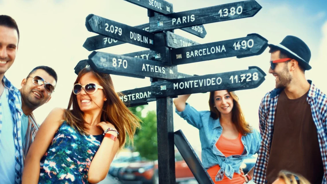 people in front of a sign with destinations