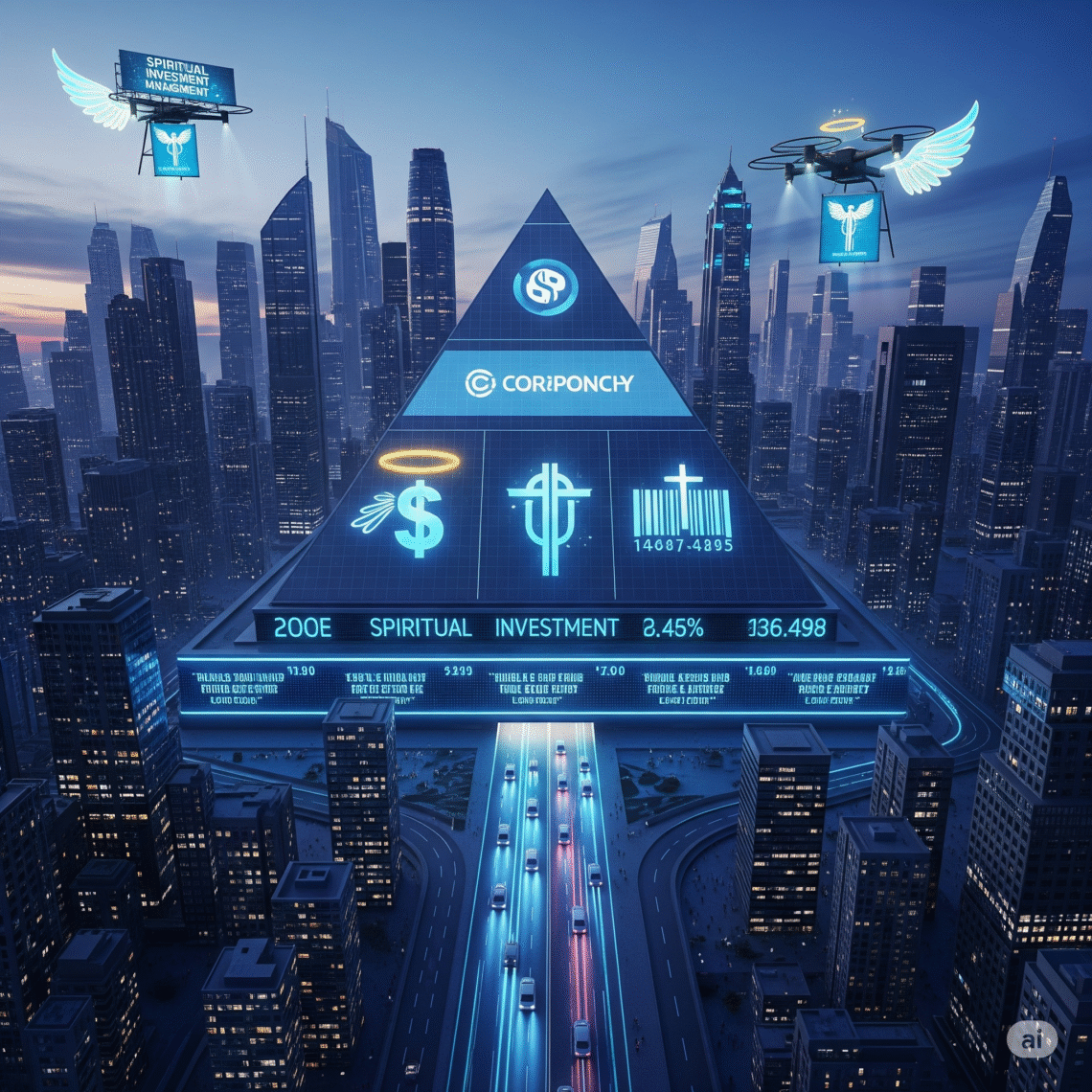 aI generated picture of a city a temple an futuristic drones in the sky representing churches spirituality and business