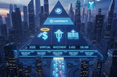 aI generated picture of a city a temple an futuristic drones in the sky representing churches spirituality and business