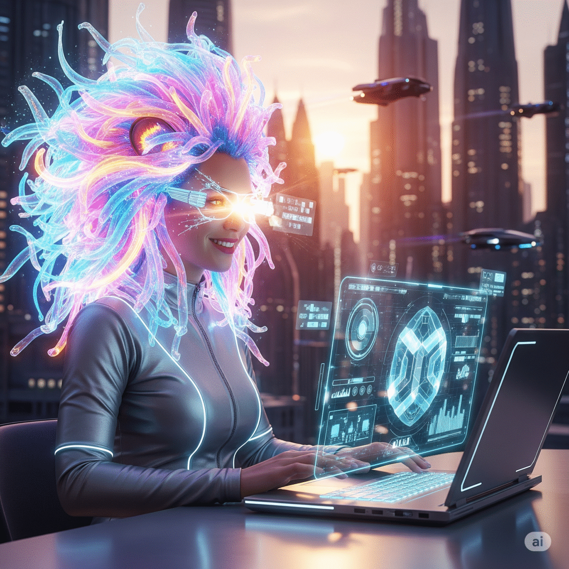 Futuristic woman sitting at a desk with her laptop with flying cars, happy face, Lion mane colourful cyber hair