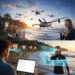 A futuristic view of flying cars landing on beaches and booking nomad stays accomodation through glasses and learning to surf through glasses on a beach on beautiful location