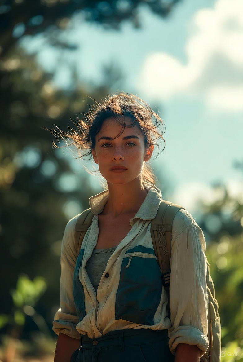 Woman in the nature on an adventure who has determination on her face