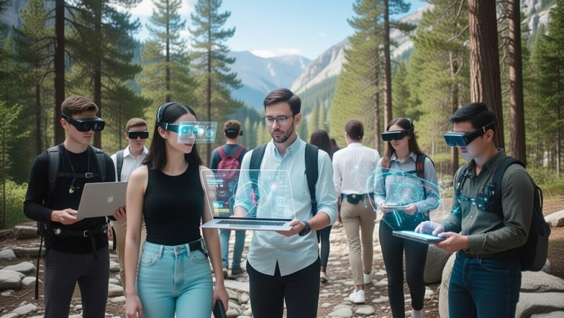 people walking with futuristic devices in nature