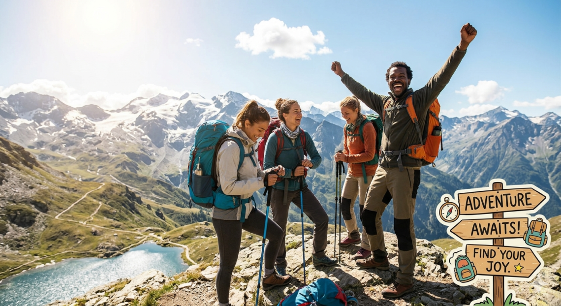 people on summiting a peak with mountain views and celebrating