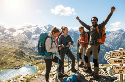people on summiting a peak with mountain views and celebrating
