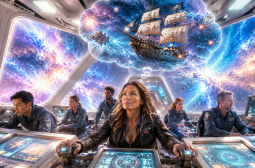 woman Captain of a star ship with pirate ship in her head representing the negative mind