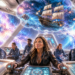 woman Captain of a star ship with pirate ship in her head representing the negative mind