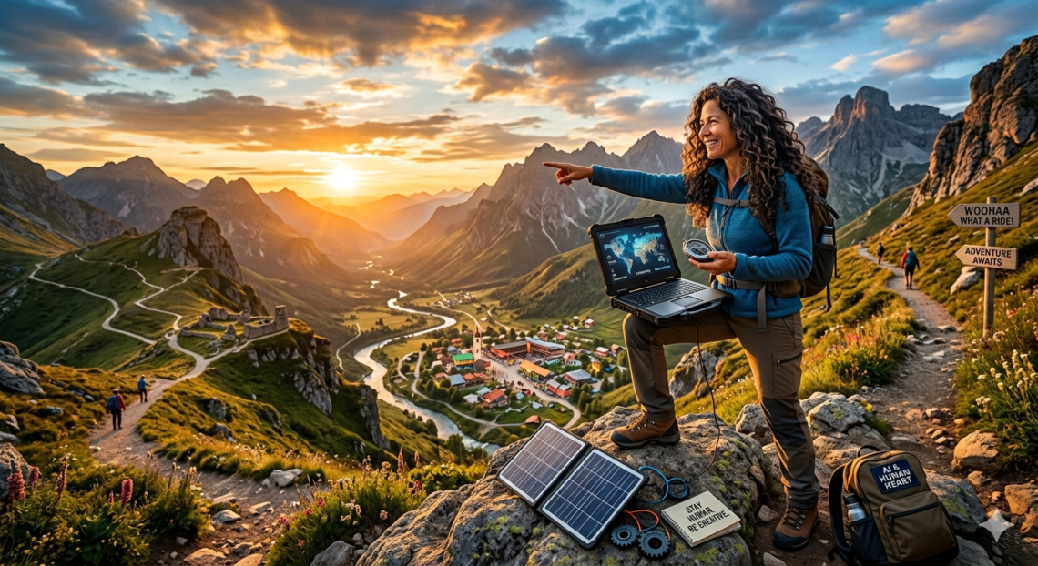 AI generated girl with long curly hair at the top of a mountain hiking and exploring