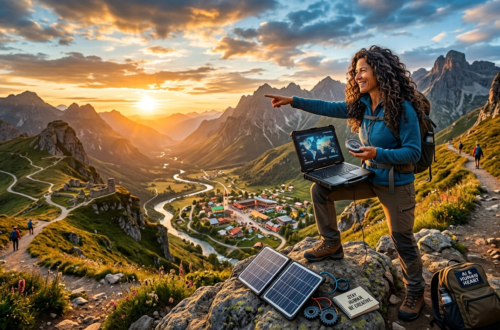 AI generated girl with long curly hair at the top of a mountain hiking and exploring