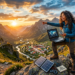 AI generated girl with long curly hair at the top of a mountain hiking and exploring